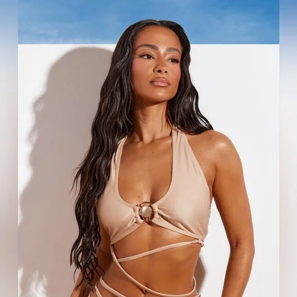 NWT PrettyLittleThing Beige Tan Stone Halter Neck Shell Trim Bikini Top UK4 US0 - Picture 2 of 10